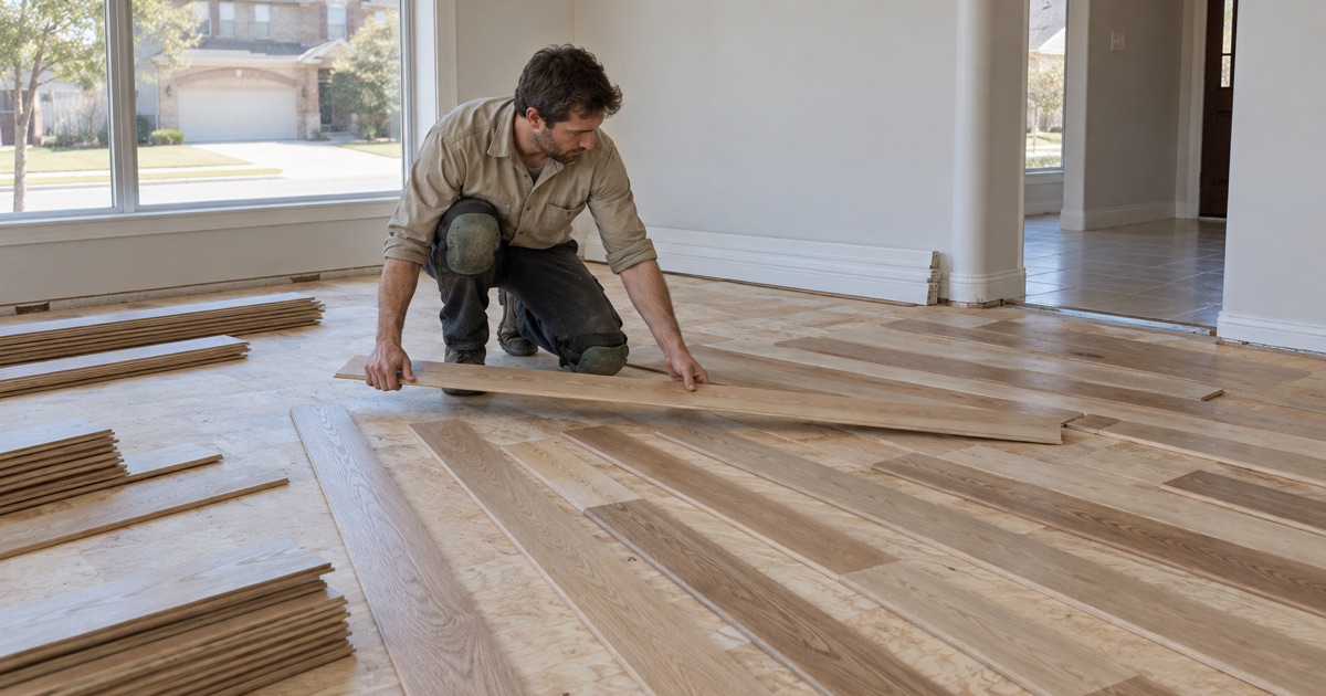 Installer racking out white oak boards from three open bundles across a Grapevine floor to blend color and grain before any board is fastened.