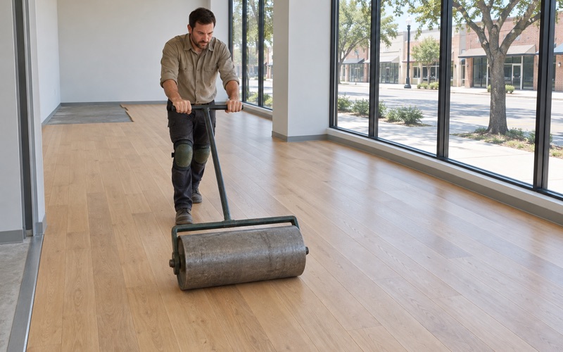 Installer walking a weighted floor roller across newly laid engineered oak in an empty Grapevine commercial suite, the planks bedding into the adhesive.
