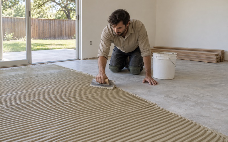 Installer spreading adhesive across a Grapevine slab with a notched trowel, engineered oak planks stacked flat and waiting against the wall.