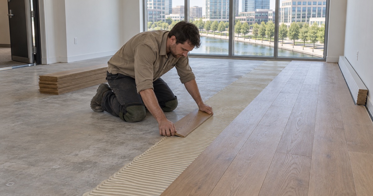 Installer pressing an engineered oak plank down into combed adhesive on an Irving slab, the laid field advancing toward the window.