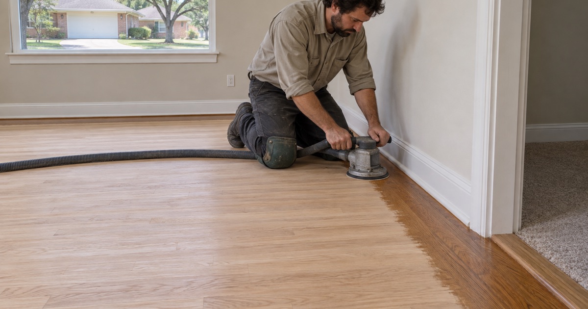 Operator working an edger along the perimeter of a 1980s Arlington oak floor, the last band of old finish coming off at the baseboard.