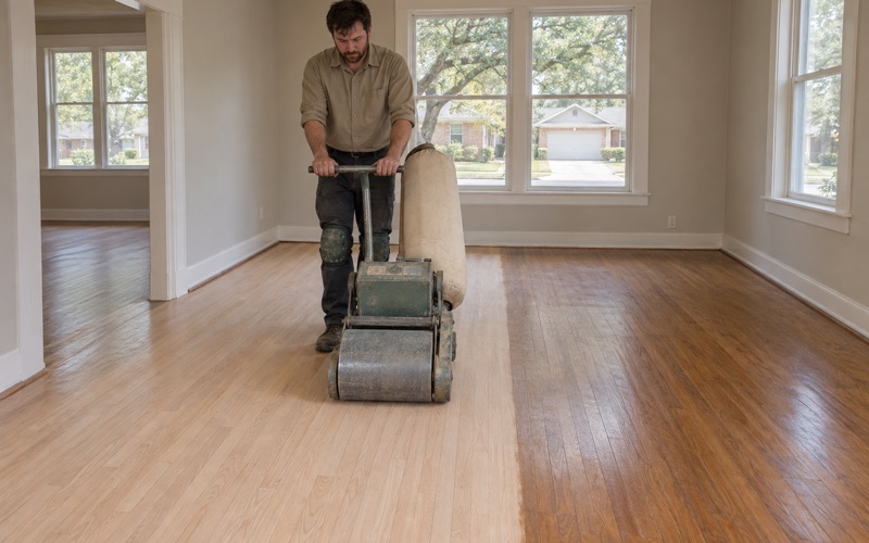 Operator walking a drum sander across a red oak floor in a Grapevine house, a clean cut band of bare wood opening behind the machine.