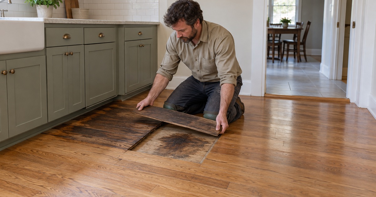 Carpenter lifting a dark stained oak board out beside a kitchen run in a Lewisville house, the stained plywood subfloor showing where the leak sat unnoticed.
