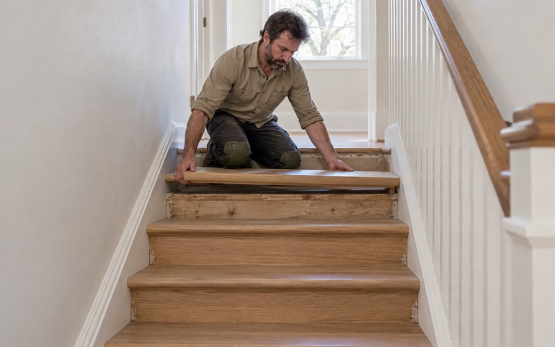 Carpenter seating a white oak retro tread with a bullnose front edge onto a stripped stair in a Grapevine house, the carpet already off the flight.