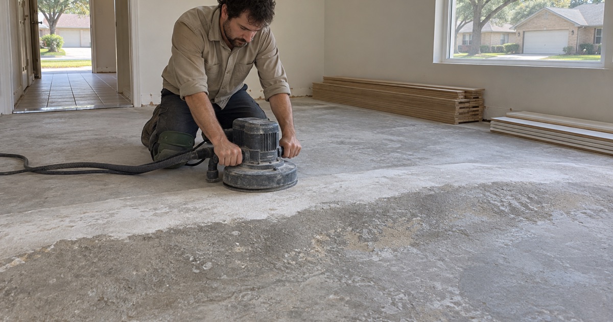 Operator taking down a high spot on a Carrollton slab with a handheld grinder before any board goes over it.