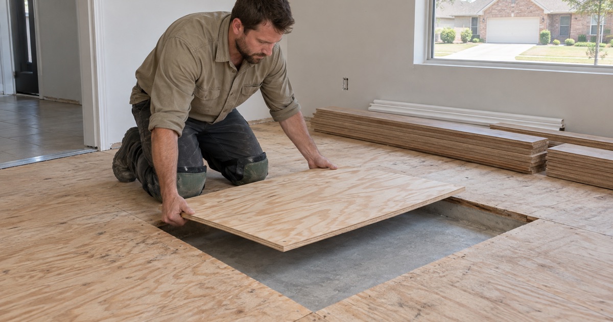 Carpenter lowering a new plywood subfloor panel into a cut out section of a Grapevine floor, the sound subfloor squared off around it.