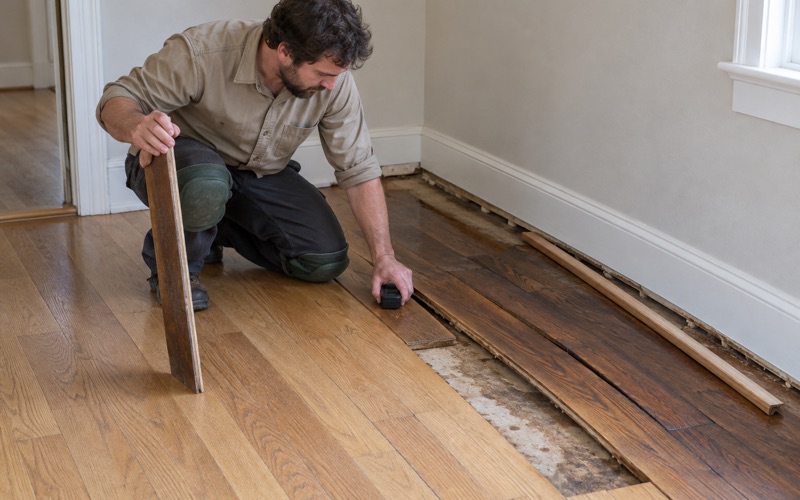 Technician pressing a pinless moisture meter flat to a cupped oak board at the edge of a wet area in a Grapevine house, the sound boards beyond still flat.