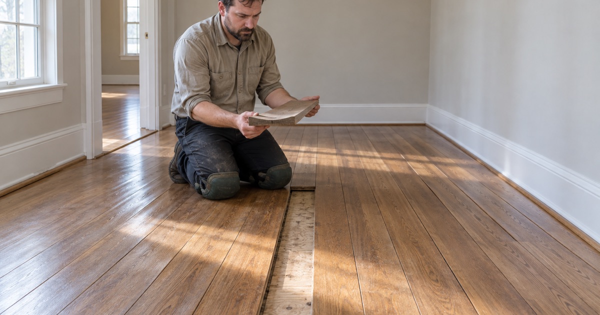 Worker holding a cupped solid oak board edge on in a Grapevine room, its dished face reading against the light and the gap it left in the run below.