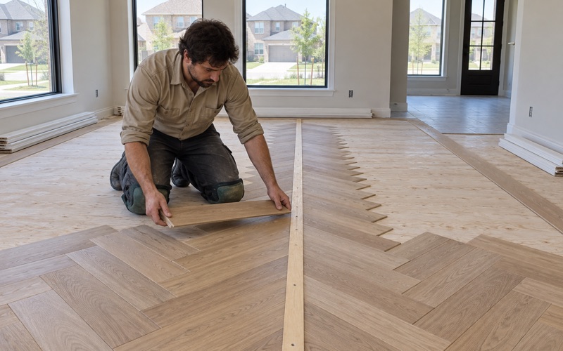 Installer setting a white oak herringbone board against a centerline batten in a Grapevine room, the field opening out on both sides of the line.