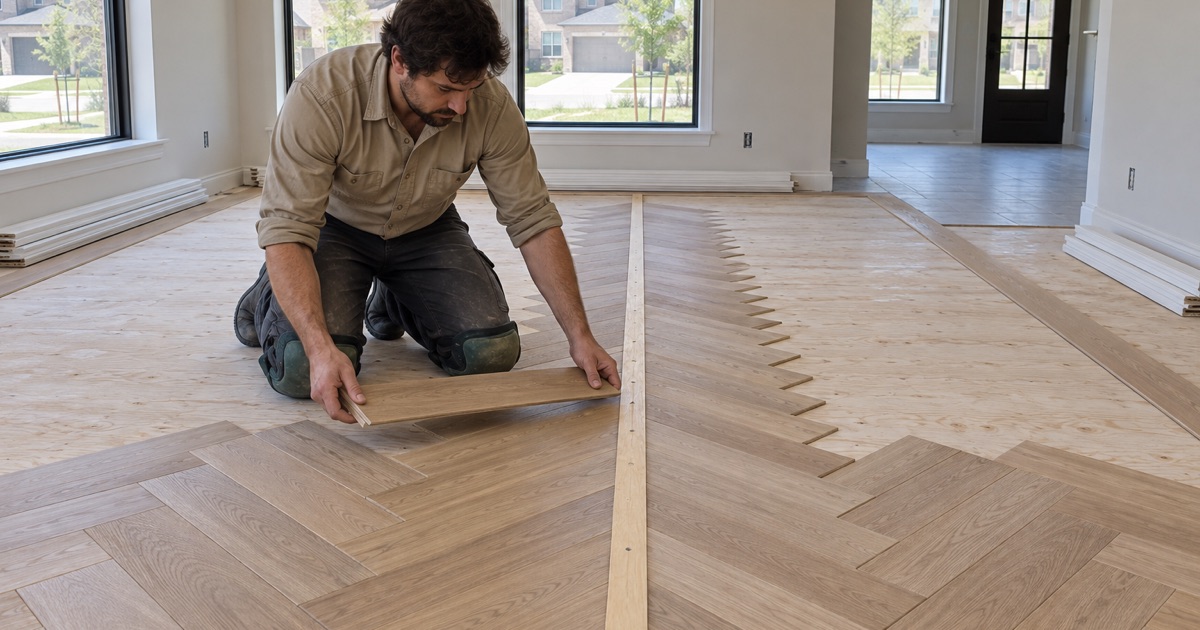 Installer setting a white oak herringbone board against a centerline batten in a Grapevine room, the field opening out on both sides of the line.