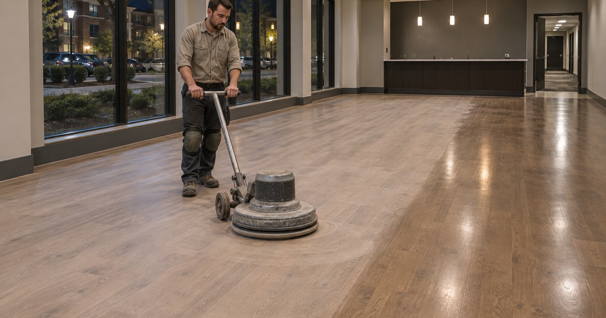 Operator walking a low speed buffer across the wood floor of an empty Addison clubhouse lounge after hours.