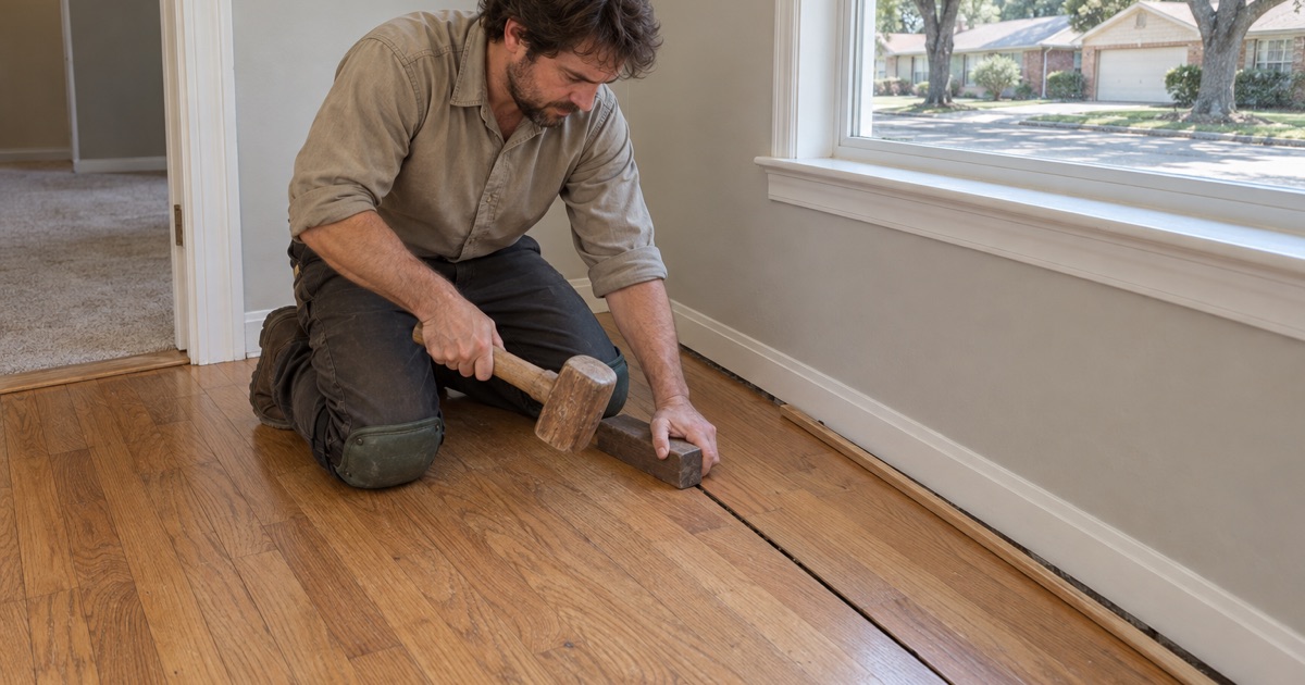 Carpenter striking a tapping block held against a board edge in a Bedford house, closing a run that had lifted around a proud fastener.
