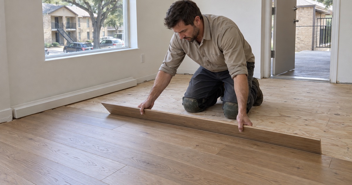 Installer angling an engineered oak plank into the previous row during a make ready in an empty Euless rental unit.