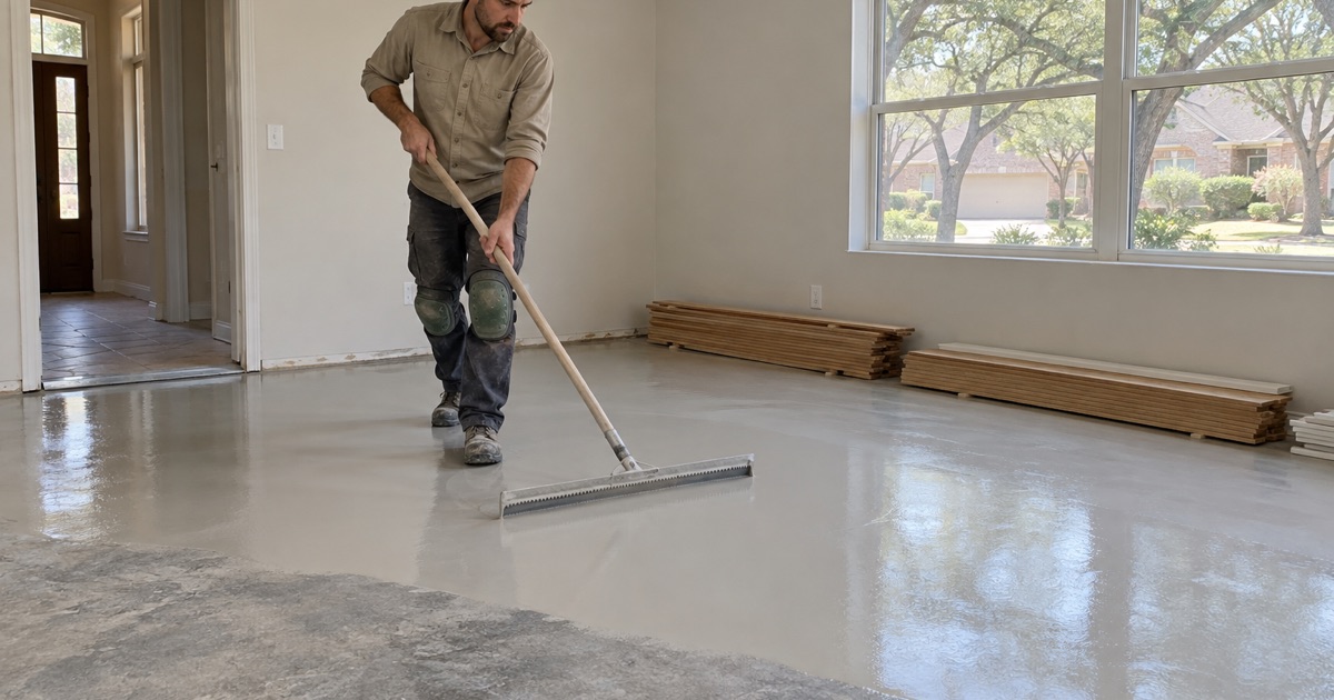 Installer drawing self leveling compound across a Flower Mound slab with a gauge rake, the poured field feathering out to nothing at its edge.