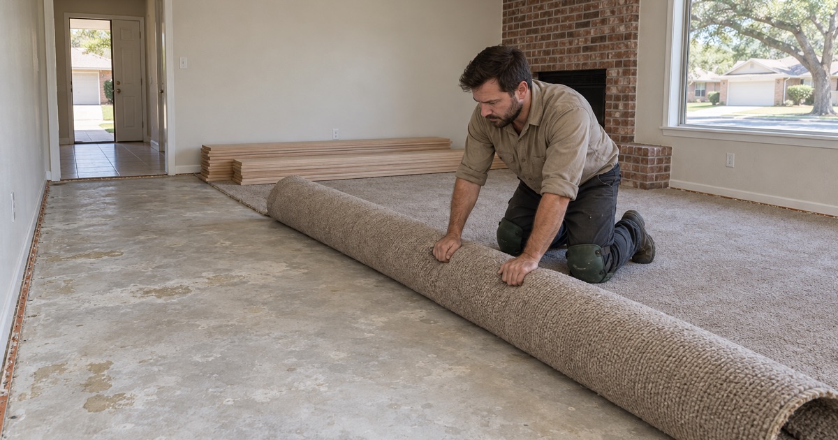 Old carpet coming up off the slab of a Forest Hill house, the oak boards stacked flat and waiting against the wall.