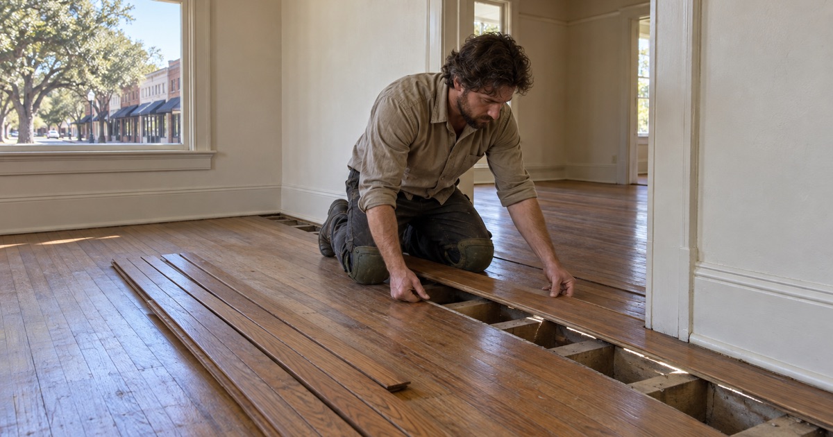 Carpenter reattaching a salvaged original oak strip board in a pre-1950 Grapevine house, the stored boards laid out flat beside the opened floor.