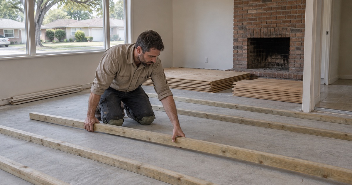 Sleeper battens going down on the old slab of a 1950s Haltom City house before the plywood and the oak.
