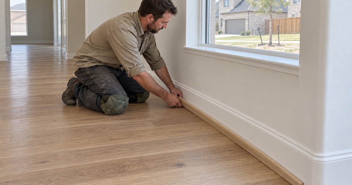 Shoe molding going on over the expansion gap in a newly built Haslet house, the last piece anyone touches before sign off.