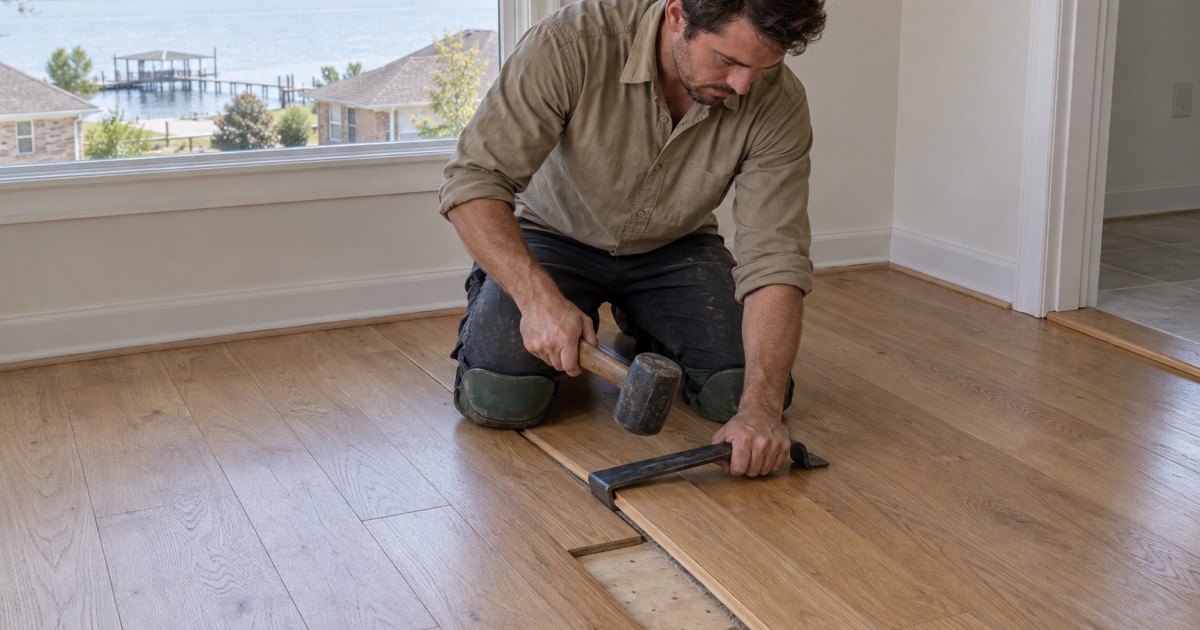 One replacement board going back into a white oak floor in a Lake Dallas house, the pull bar closing the last joint.