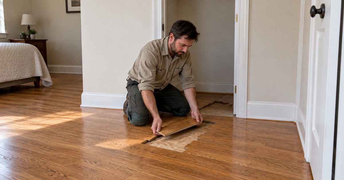 Carpenter holding a board lifted from a North Richland Hills closet floor against the run it will patch, matching width and grain before cutting.