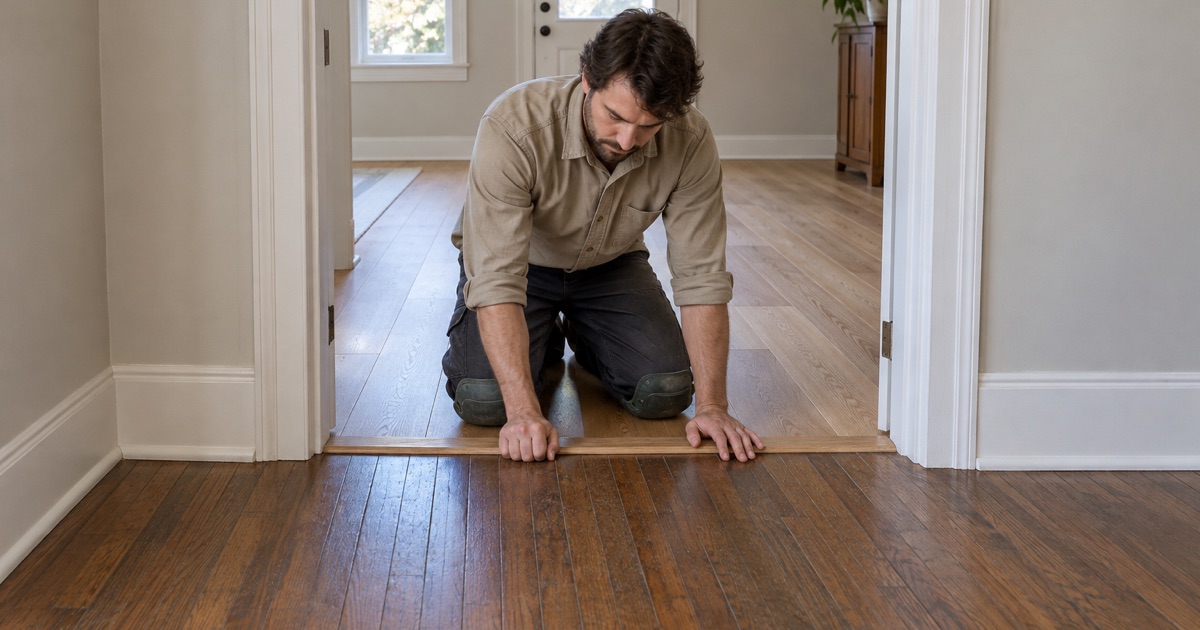 Carpenter bedding a T molding in a The Colony doorway where a 1970s solid oak floor meets a newer engineered plank floor.