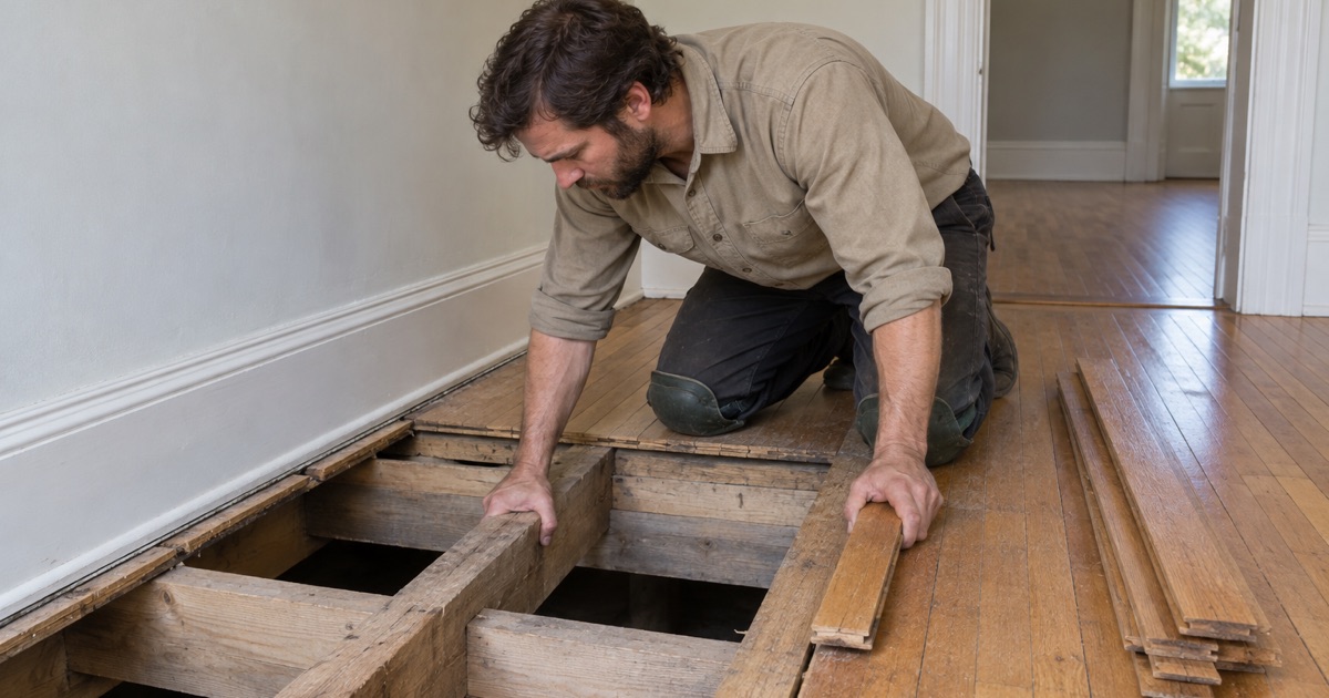 Carpenter at an opened section of pre-war strip flooring in a University Park house, one hand on a joist below the lifted boards.